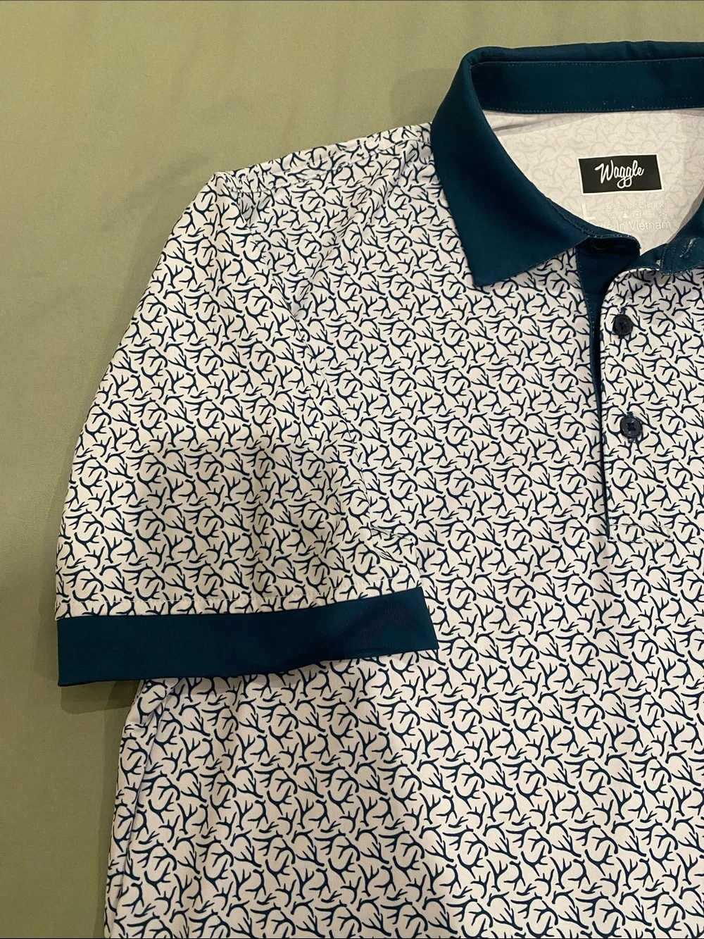 Waggle Men's White Polo with Navy Teal Contrast Collar - Picture 5 of 7